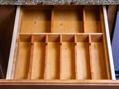 Handmade wooden kitchen drawer organizer tailored to you, made in Arizona, designed to store utensils and cookware neatly.